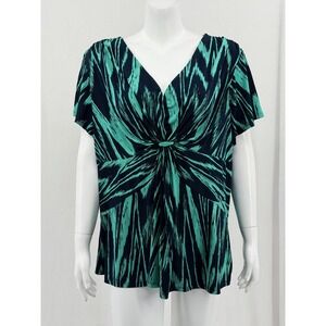 Daisy Fuentes Top Womens 2X Navy Teal Twist Front V-Neck Artsy Office Stretch